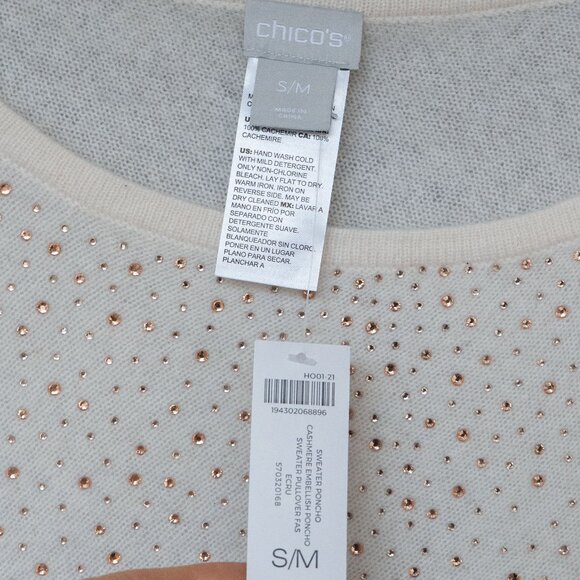 Chicos Cashmere Poncho Sweater Rhinestone Ivory Asymmetrical Wool Bedazzled - Picture 13 of 16